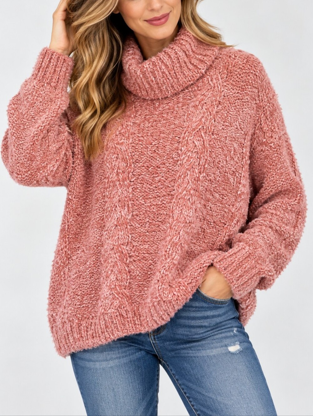 JACK BY BB DAKOTA | Women’s Blush Pink Eyelash Cable-Knit Oversized Sweater